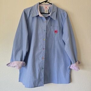 VTG Quacker Factory Cotton‎ Chambray Shirt Women's Sz Large  Floral Trim Teacher